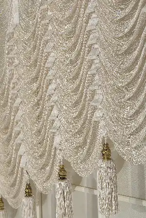Drape Dar Bant Kadife Bantlı Şelale Ay Model İp Perde Krem- Krem