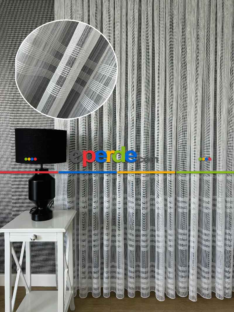 Zincir Çizgili Tül Perde Ekru Renk Kırık Beyaz- Ekru - Kurşunlu Tül