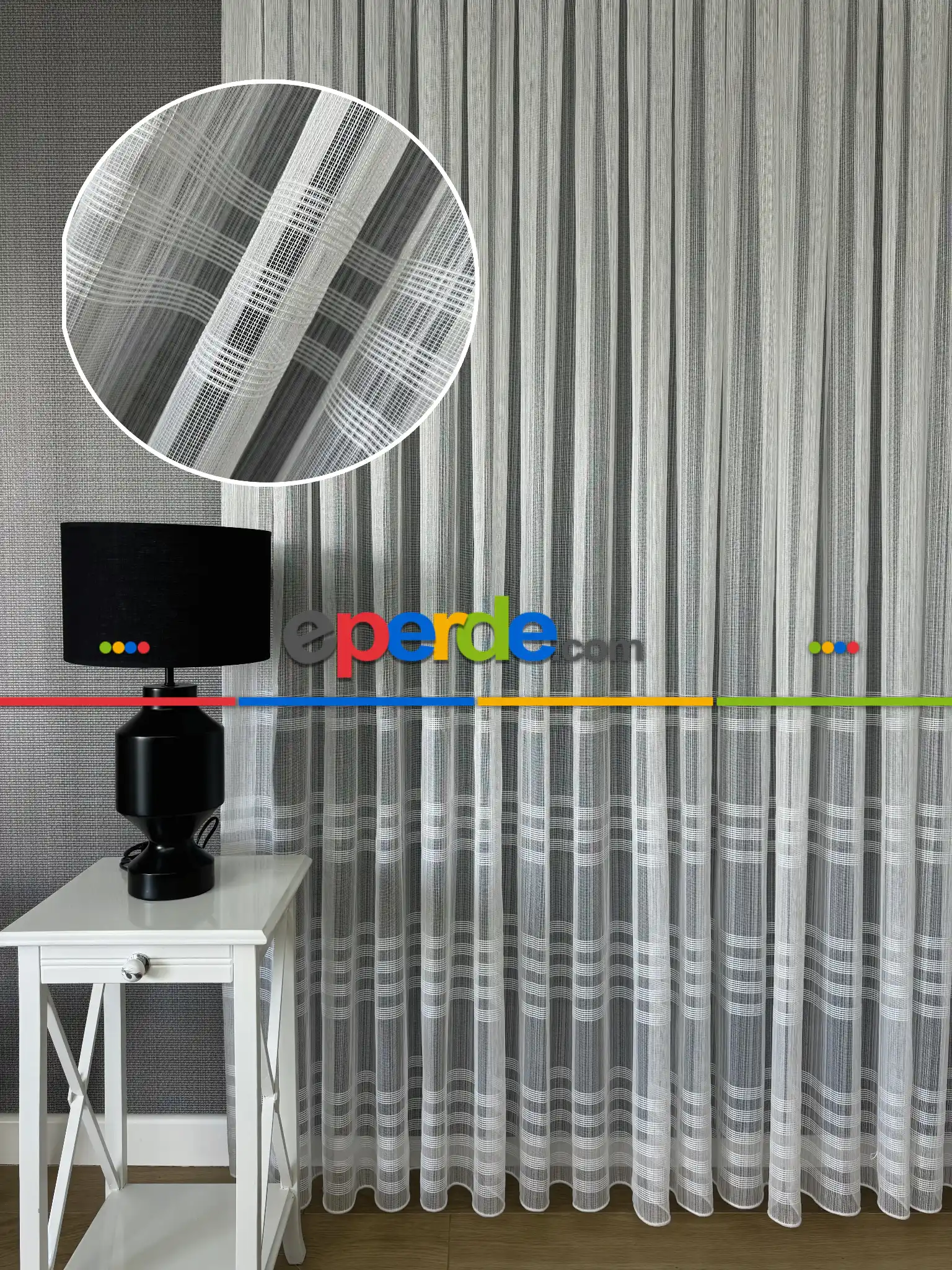 Salon Zincir Çizgili Tül Perde Ekru Renk Kırık Beyaz- Ekru - Kurşunlu Tül