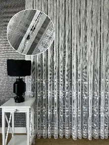 Oturma Odası Zincir Çizgili Tül Perde Ekru Renk Kırık Beyaz- Ekru - Kurşunlu Tül