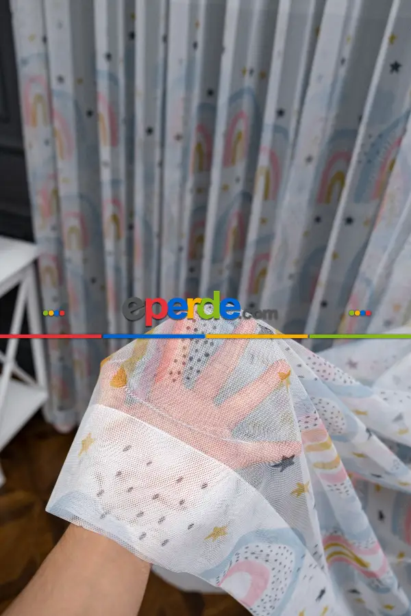 Kız Çocuk Odası Tül Perde - Mavi Pembe Renkli Gökkuşağı Desenli Tül Perde