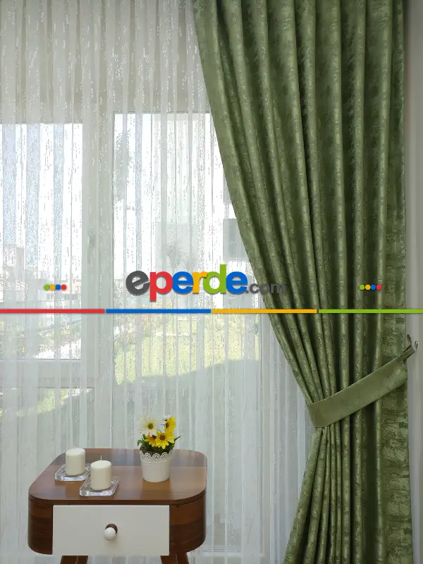 Patinedesenli Fıstık Yeşili - Katyonik Jakar Fon Perde- Fıstık Yeşili