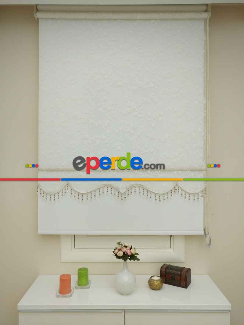 Brillannt - Tül + Stor Perde - Çiçekli Desen Çiftli Sistem Perde - Dallı Çiçek Model- Krem Açık-ekru