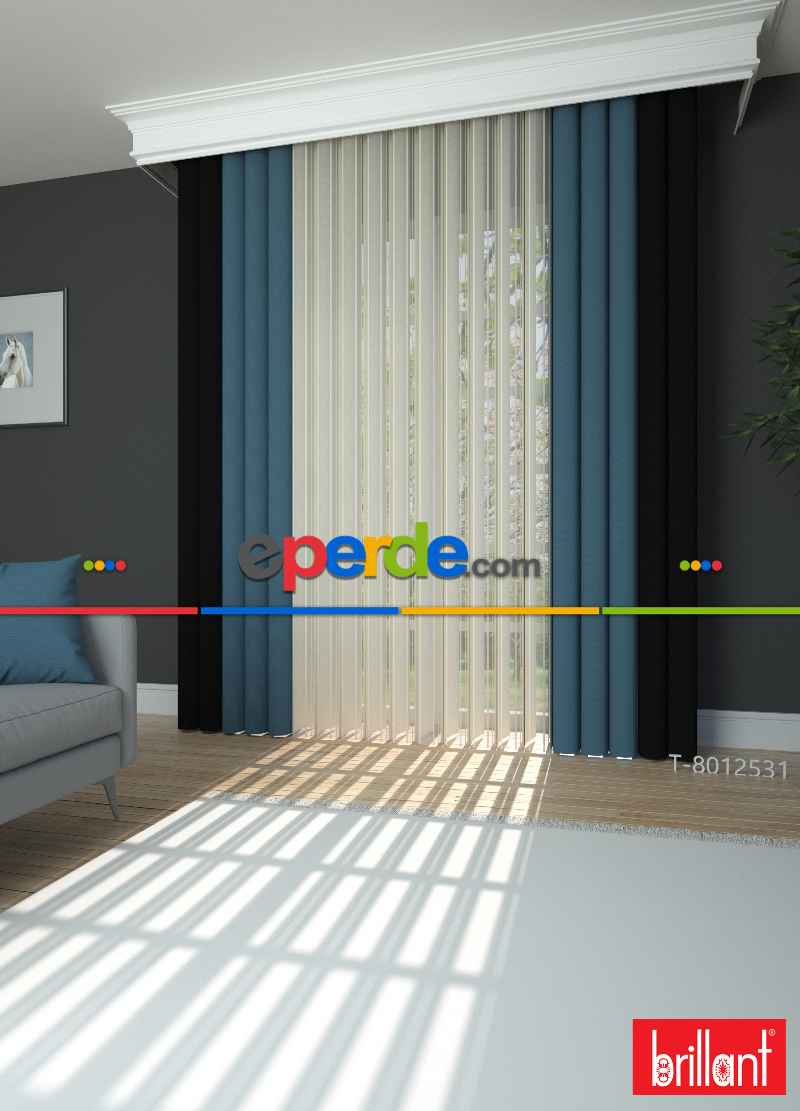 Brillant Akıllı Tül Siyah-açık Mavi Perde Tül Dikey Zebra Perde Düz 1. Kalite