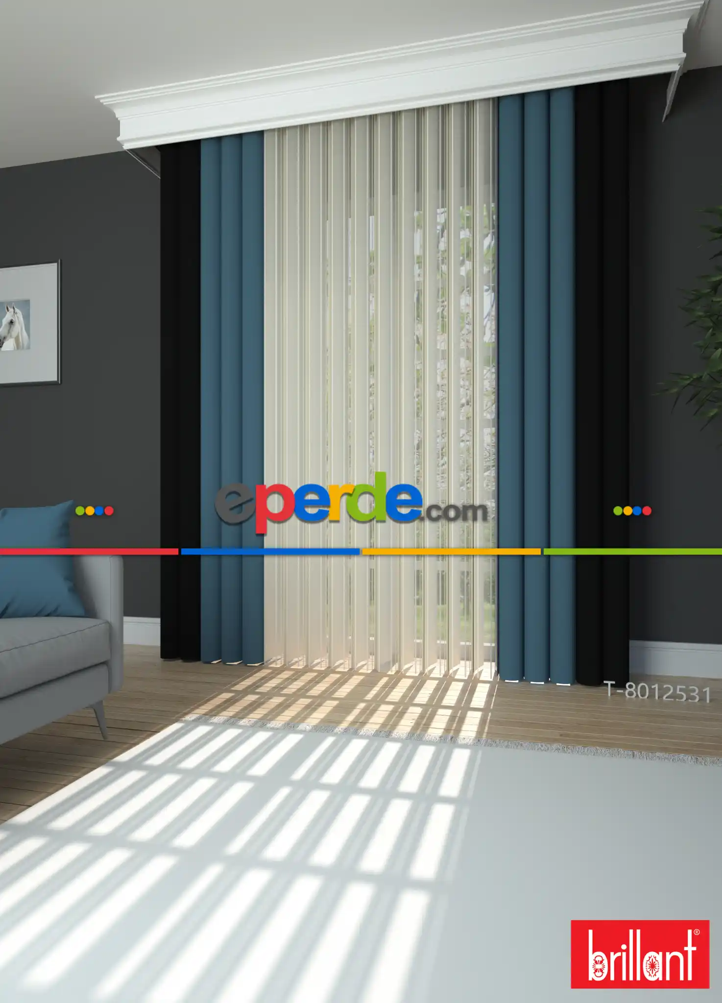 Brillant Akıllı Tül Siyah-açık Mavi Perde Tül Dikey Zebra Perde Düz 1. Kalite