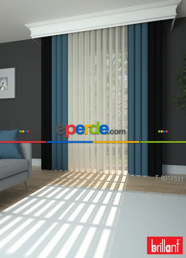 Brillant Akıllı Tül Siyah-açık Mavi Perde Tül Dikey Zebra Perde Düz 1. Kalite