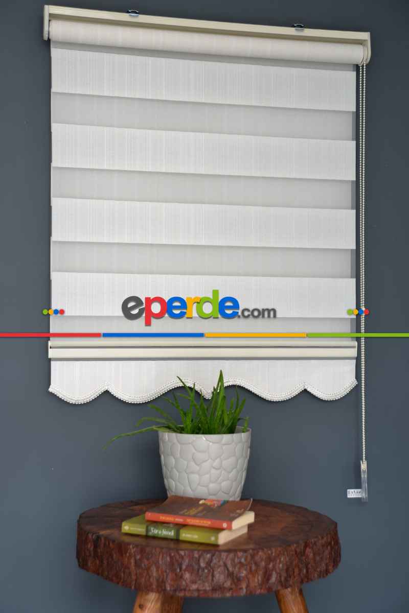 Halim Perdesan Jk-281 Ekru & Beyaz Renk Etekli Veya Eteksiz Zebra Stor Perde