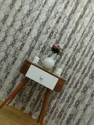 Ekru Serpme Damaks Desenli Örme Tül Perde - Ekru