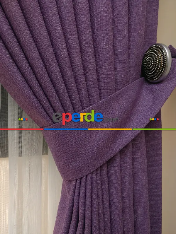 Salon Fon Perde - Keten Mor Renk Düz Fon Perde- Mor