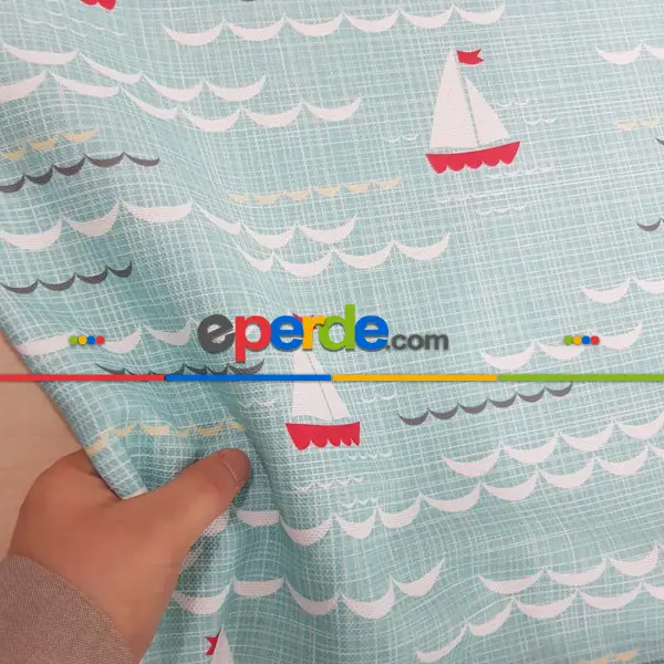 Bebek Odası Fon - Marine Kayık Desenli Fon Perde Evm670 Kumaşı Kalındır Duck Bezi Değildir- Mavi