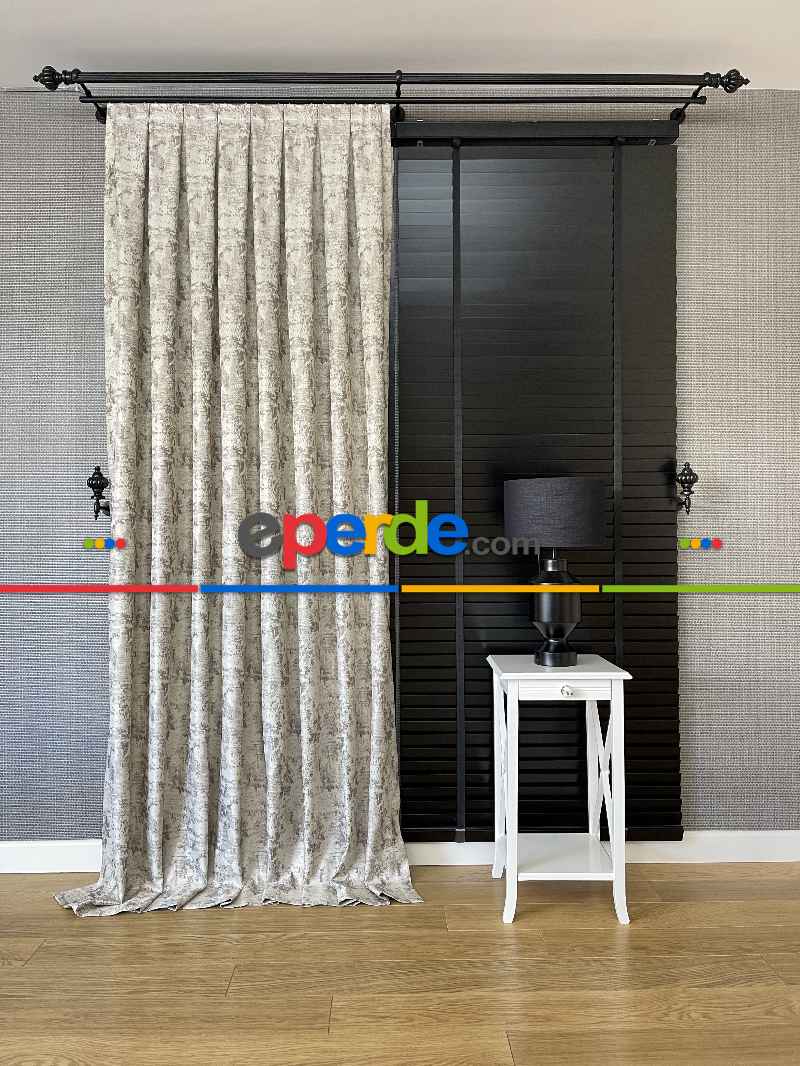 Bej Kahve Desenli Jakar Fon Perde (180)- Kahve Açık