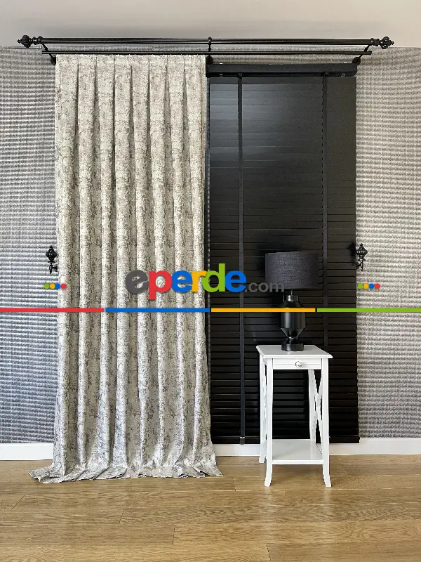 Yatak Odası - PatineDesenli Bej Kahve Desenli Jakar Fon Perde (180)- Kahve Açık