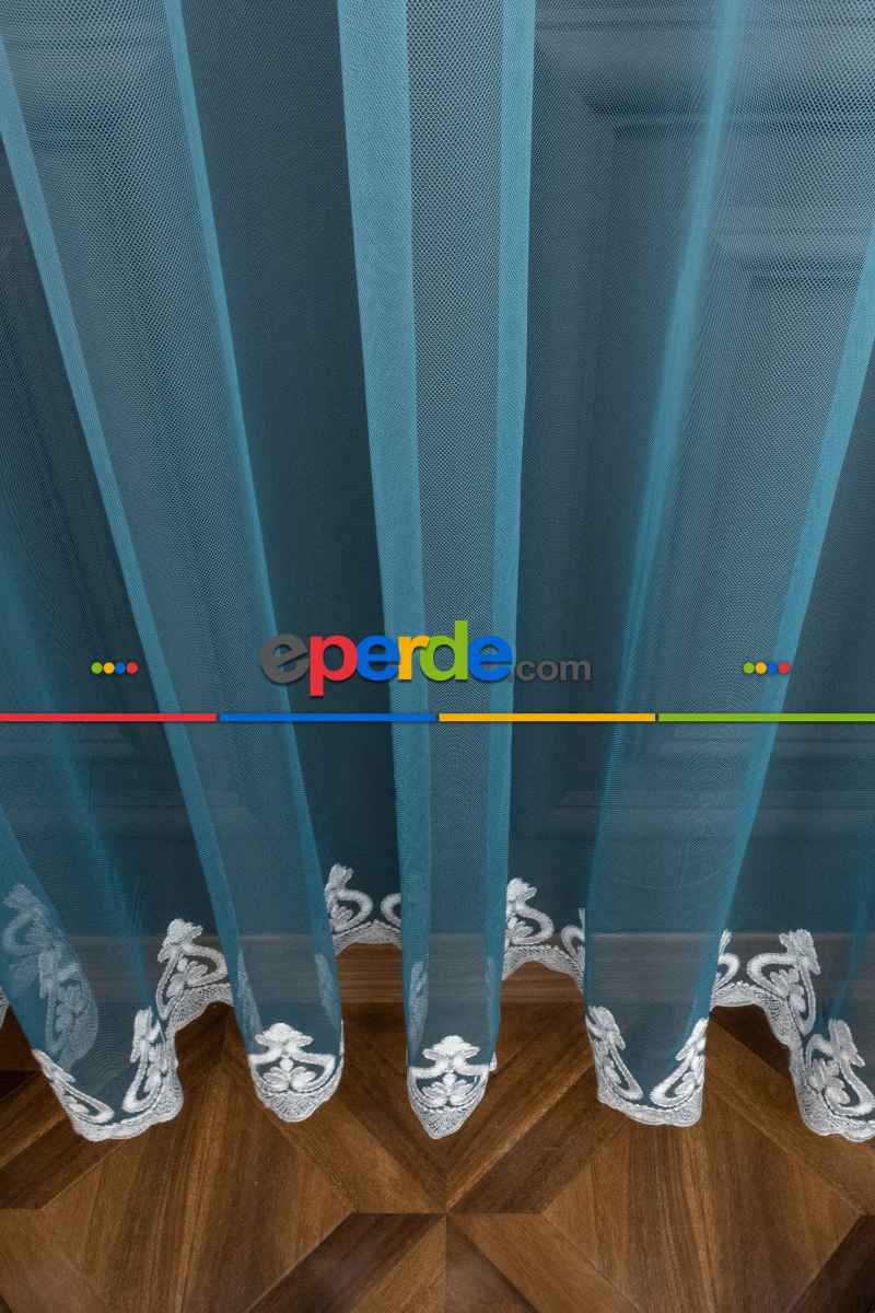 Turkuaz Etek Nakışlı Renk Geçişli Degrade Tasarım Tül Perde