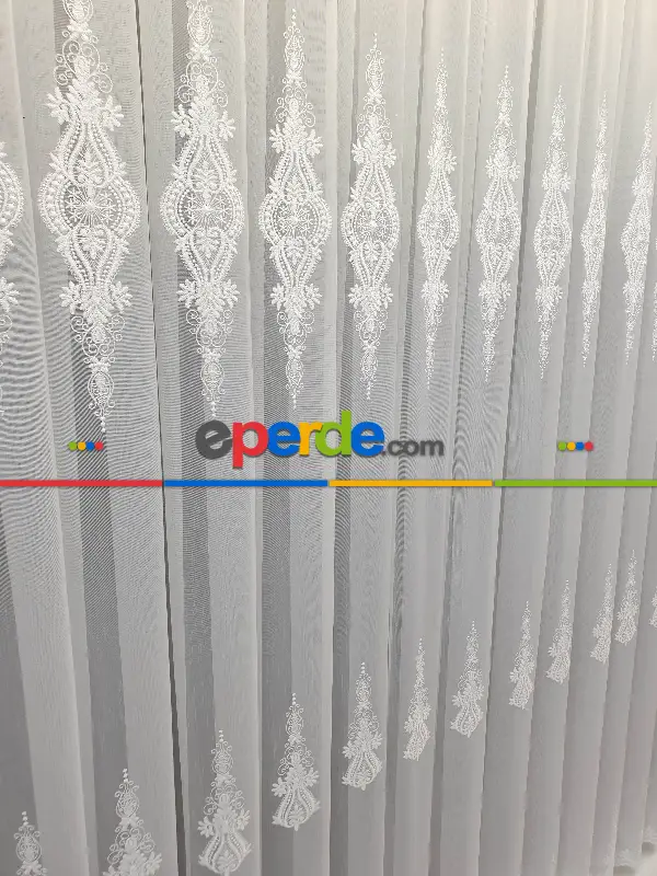 Desenli Tül Perde - Nakışlı Damask Desenli Tül - Salon Tül