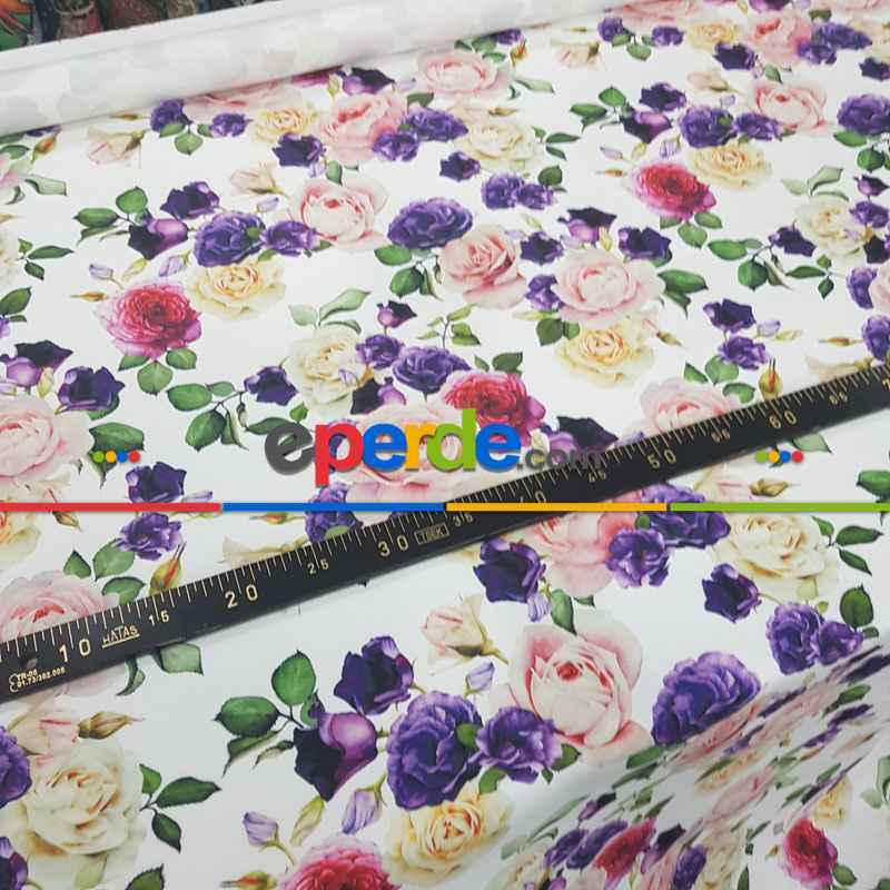 Çiçek Desenli Fon Perde Evm673 Kumaşı Kalındır Duck Bezi Değildir- Beyaz-Pembe Açık