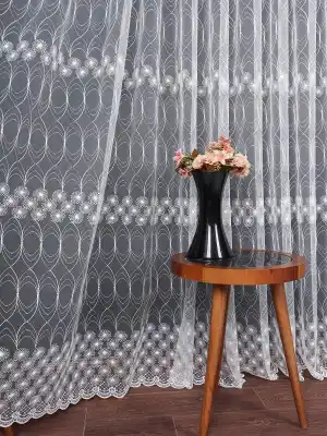 Şeritli Papatya Nakış İşlemeli Brode Tül Perde