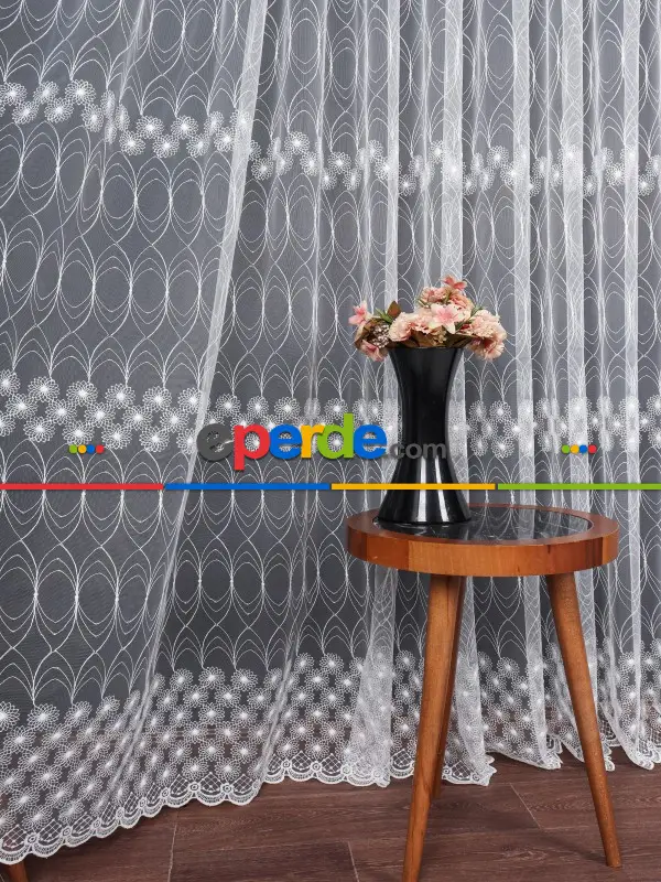 Şeritli Papatya Nakış İşlemeli Brode Tül Perde