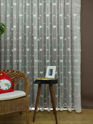 Çocuk Odası Tül Perde - Kalp Desen Örme Tül Perde- Ekru