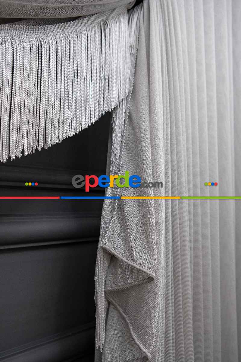 Salon Tül - Gri Monalisa Yalancı Kruvaze - Halat İle Tülden Fon - Yana Toplamalı Tül - Kordon Toplama Tül - Çift Veya Tek Kanat - Aksesuar İlave Ücretlidir - Kurşunlu Tül