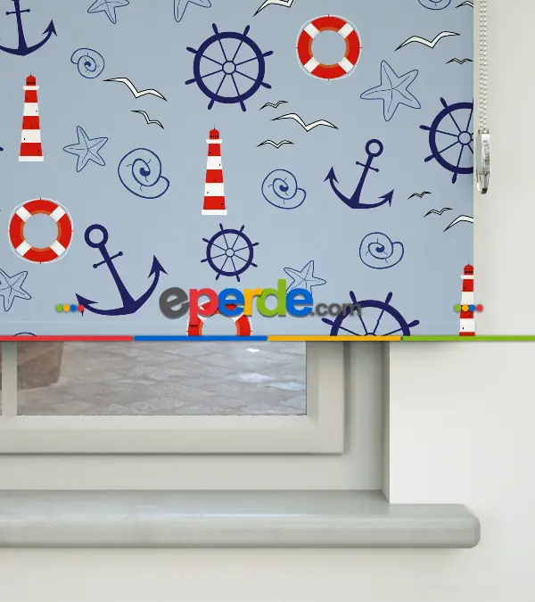 Denizci Desenli Baskılı Stor Perde- Lacivert-kırmızı-çok Renkli