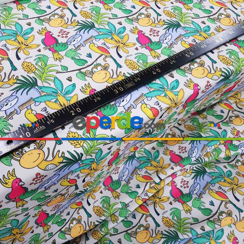 Tropikal Orman Desenli Fon Perde Evm688 Kumaşı Kalındır Duck Bezi Değildir- Yeşil-Beyaz