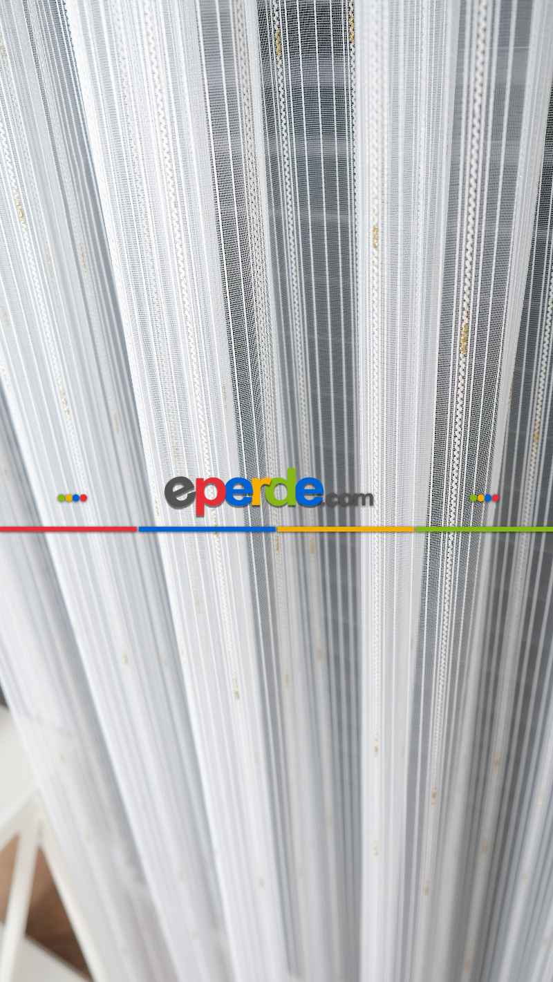 Ekru Zincir Çizgilli Altın Simli Tül Perde