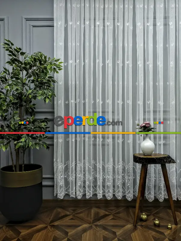 Salon Tül Perde - Grek Brode İşlemeli Yüksek Nakış Kaliteli Yeni Sezon Ürün- Ekru