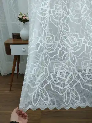 Floş Örme Desenli Tül Perde ( Hazır Ölçü 1/2.5 Normal Pile )- Ekru 200cm X 195cm 