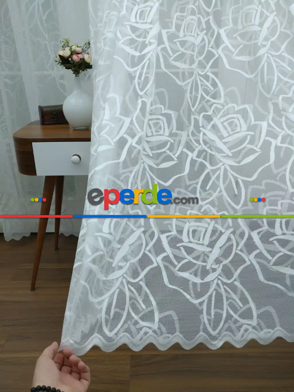 Floş Örme Desenli Tül Perde ( Hazır Ölçü 1/2.5 Normal Pile )- Ekru 200cm X 195cm 