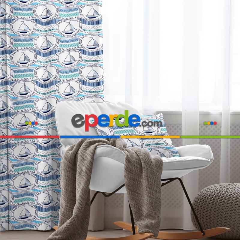 Yelken Desenli Fon Perde Evim791 Kumaşı Kalındır Duck Bezi Değildir- Mavi-beyaz