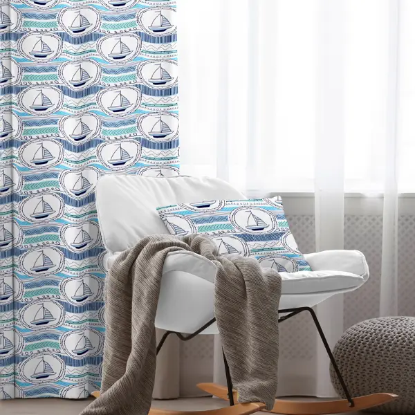 Çocuk Odası - Yelken Desenli Fon Perde Evim791 Kumaşı Kalındır Duck Bezi Değildir- Mavi-beyaz