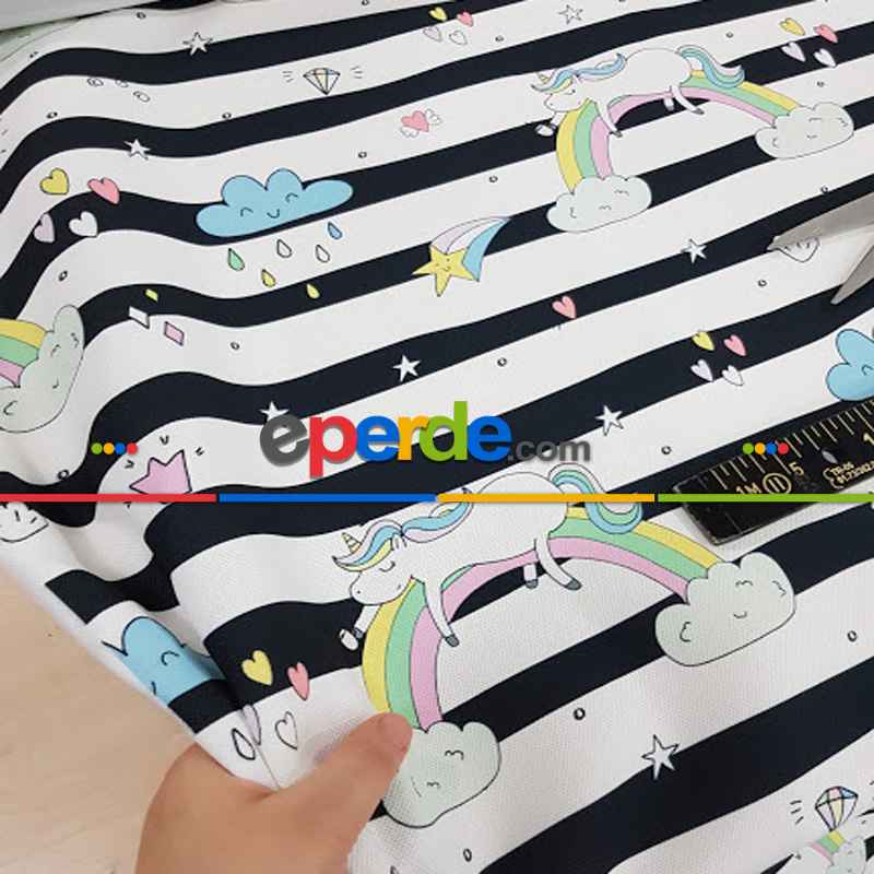 Siyah Beyaz Unicorn Desenli Fon Perde Evm579 Kumaşı Kalındır Duck Bezi Değildir- Siyah-Mavi-Beyaz-Pembe