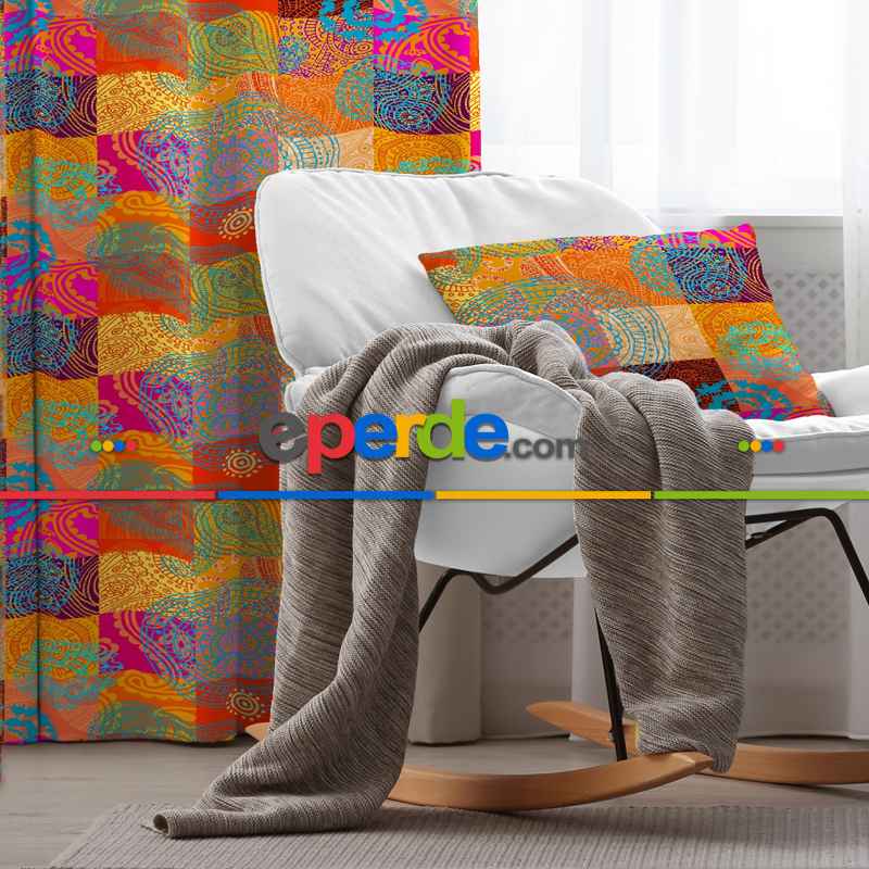 Etnik Desenli Fon Perde Evim K-209 Kumaşı Kalındır Duck Bezi Değildir