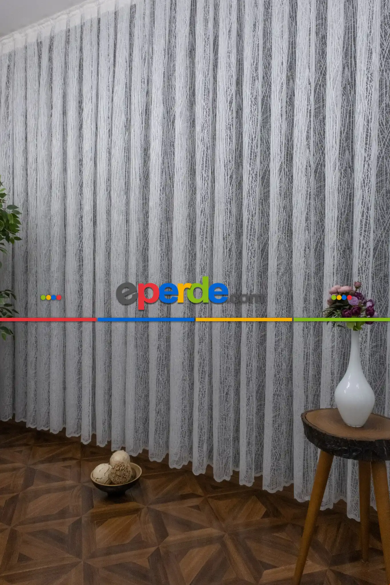 Ekru Kırık Beyaz Cam Kırığı Perde Tasarım Moda Çizgi Geometrik Asimetrik Tül- Ekru