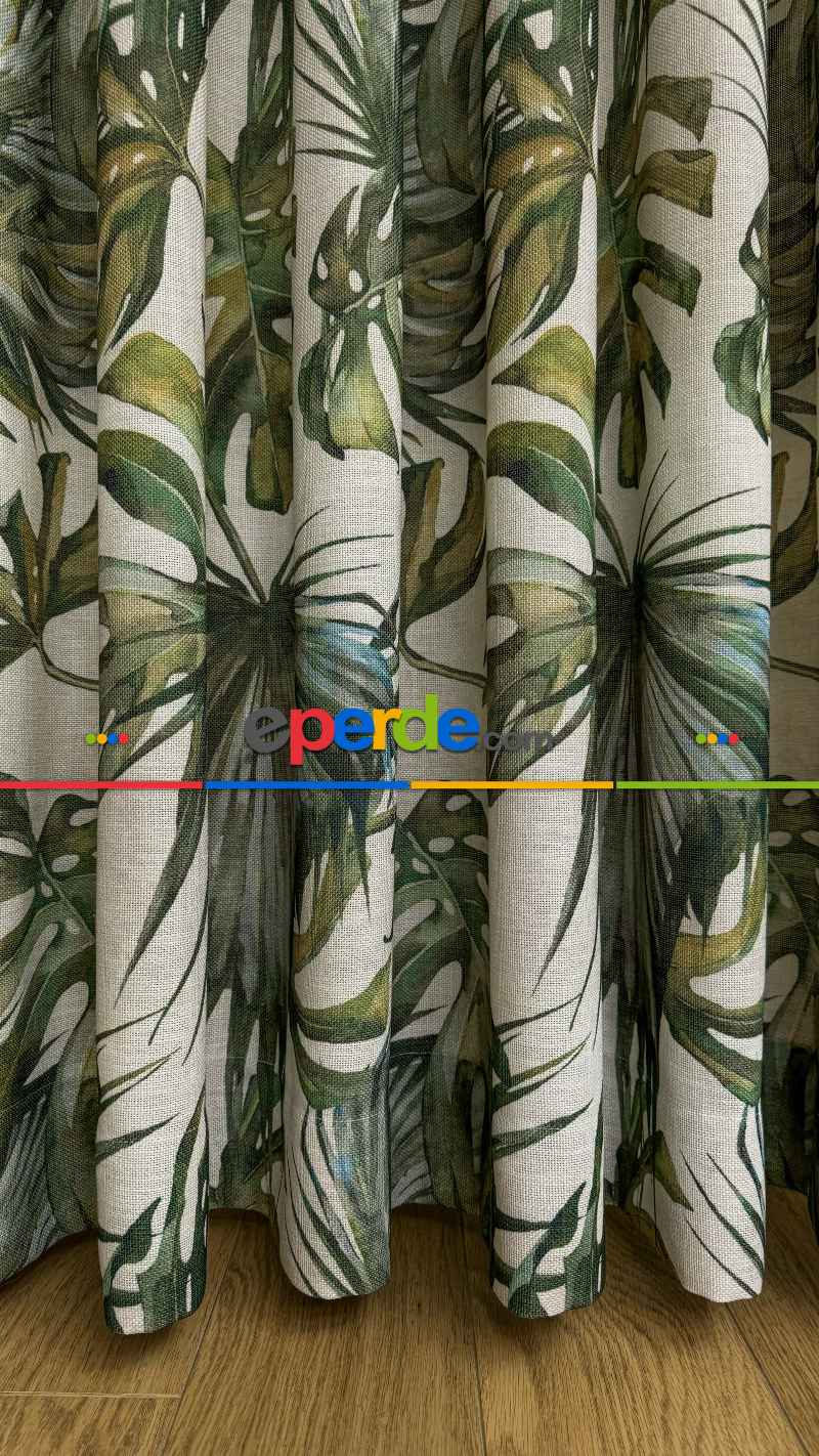 Bej Yeşil Tropikal Desenli Keten Fon Perde - Premium Kalite Serisi Ağır Gramajlı