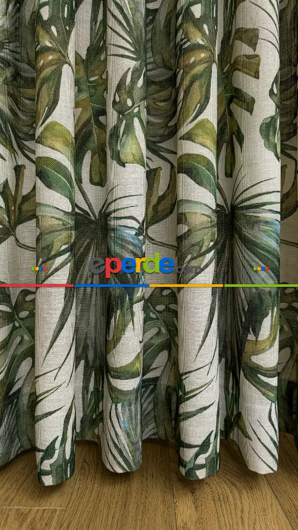 Bej Yeşil Tropikal Desenli Keten Fon Perde - Premium Kalite Serisi Ağır Gramajlı
