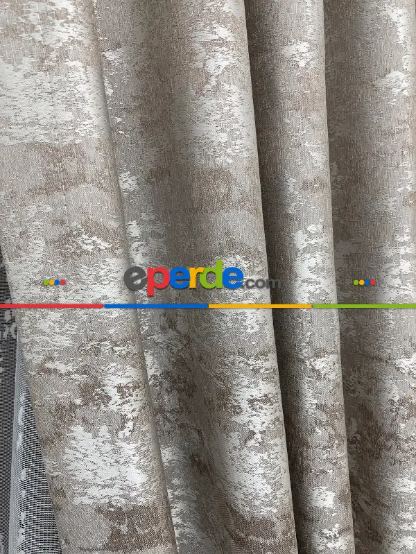 Patinedesenli Bej - Katyonik Jakar Fon Perde- Bej