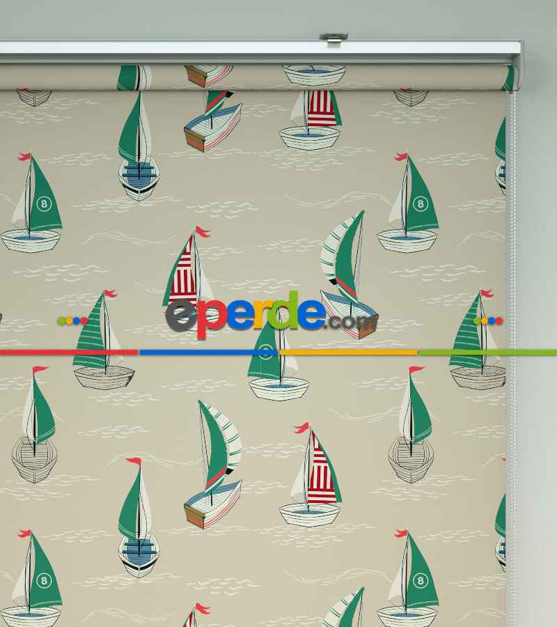 Genç Odası - Denizci Desenli Baskılı Stor Perde- Yeşil-kırmızı-çok Renkli