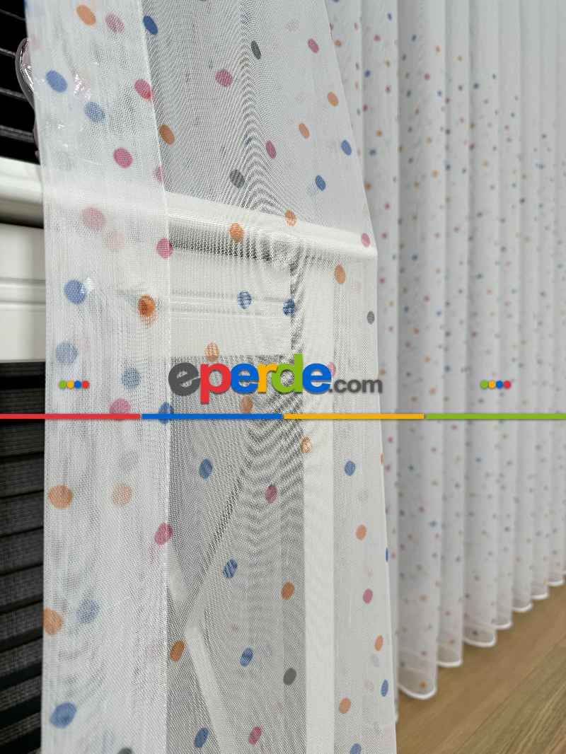 Bebek Odası Tül Perde - Çok Renkli Puantiye Nokta Desen Baskılı Tül Perde, Çocuk-bebek Odası, Premium Seri