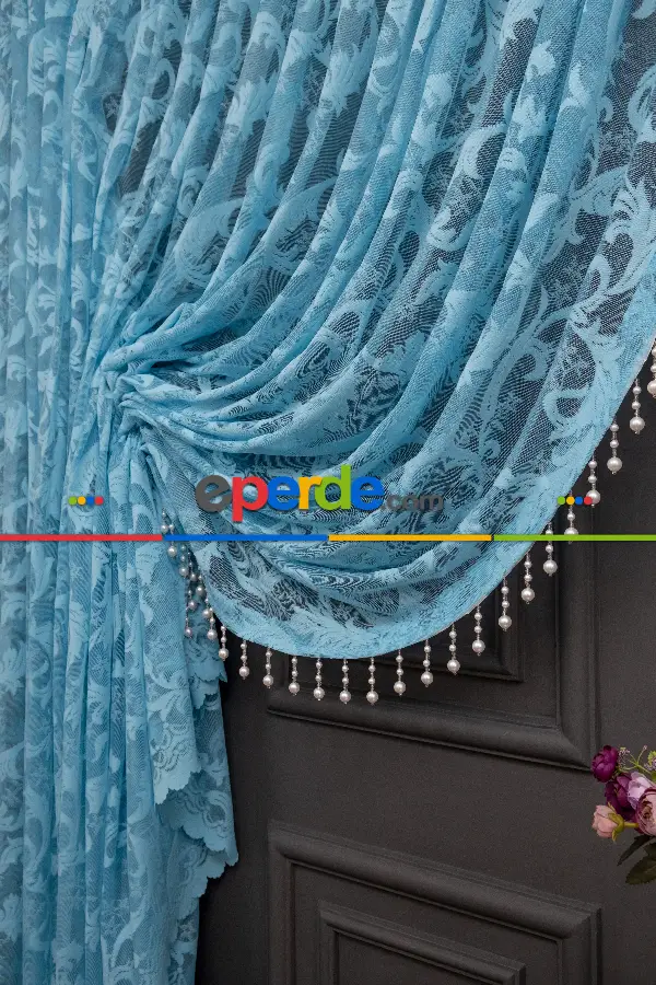 Mutfak Turkuaz Sarmaşık Desen Şal Model Tül Kruvaze Yanki Tül