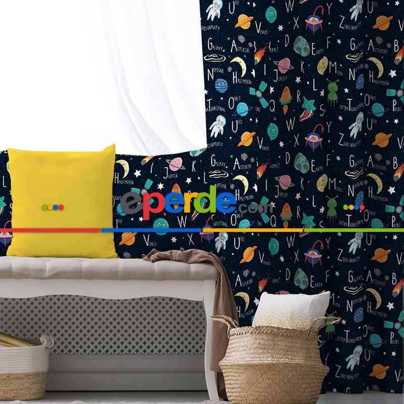 Uzay Desenli Fon Perde Evim833 Kumaşı Kalındır Duck Bezi Değildir- Mavi-beyaz