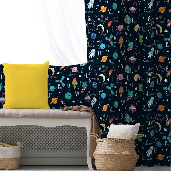 Uzay Desenli Fon Perde Evim833 Kumaşı Kalındır Duck Bezi Değildir- Mavi-beyaz