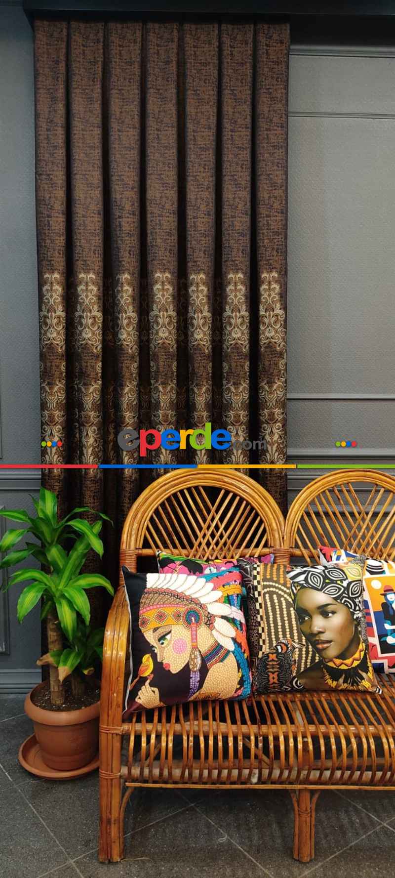 Salon Fon Perde - Kahverengi Desenli Fon Perde, Adet Fiyatıdır, İstediğiniz Boy Ölçüsünde Dikilir, Eni 50 İla 100cm Arası Seçenekler, Sık Piledir 50cm X 1cm 