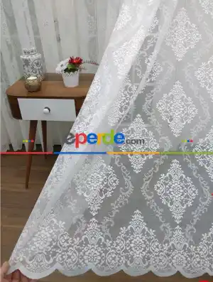 Damask Desenli Dantel Tül Perde- Ekru