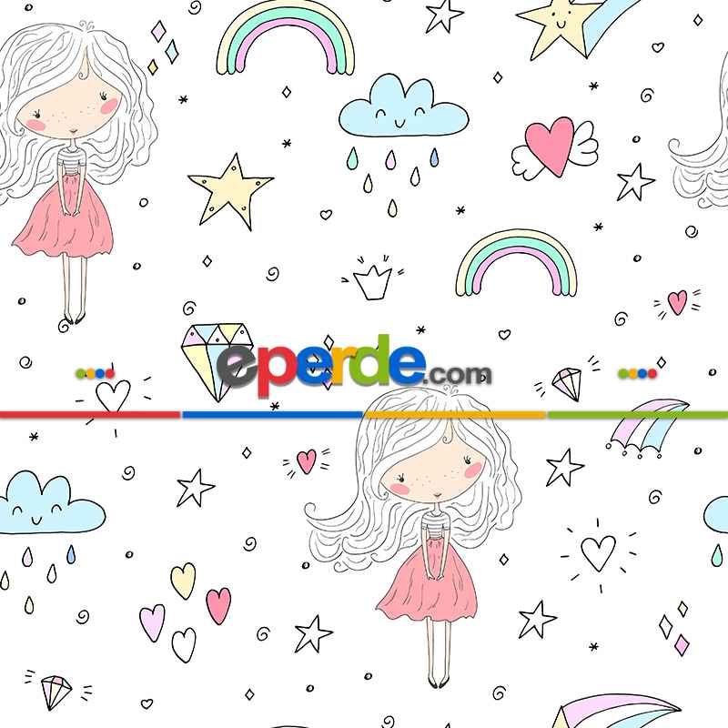 Kız Çocuk Desenli Fon Perde Evm699 Kumaşı Kalındır Duck Bezi Değildir- Beyaz-Pembe