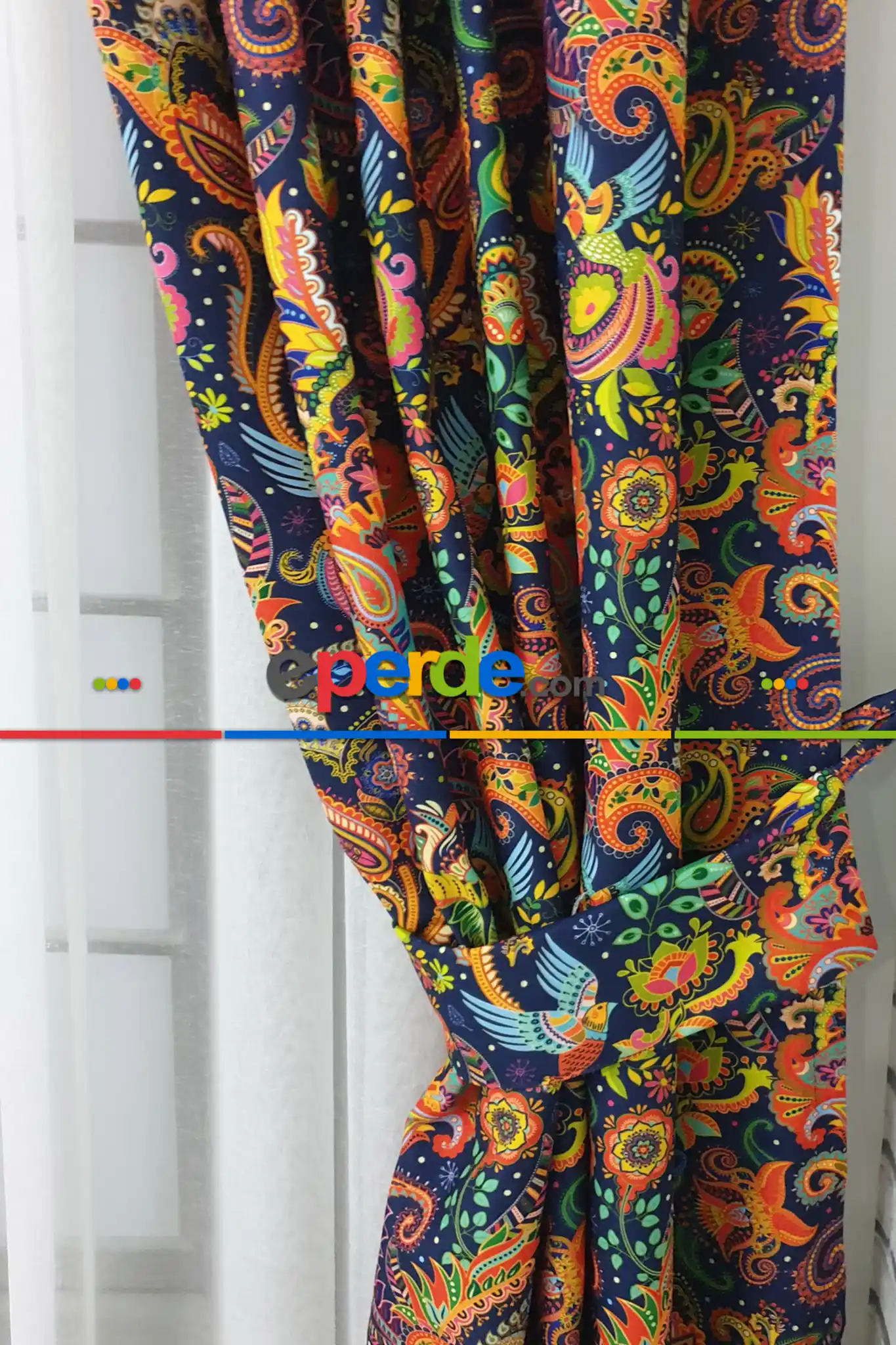 Etnik Desenli Fon Perde Evm452 _e - Kumaşı Kalındır Duck Bezi Değildir.- Lacivert-Mavi-Sarı-Kahve-Çok Renkli