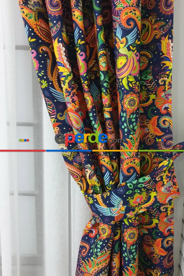 Etnik Desenli Fon Perde Evm452 _e - Kumaşı Kalındır Duck Bezi Değildir.- Lacivert-Mavi-Sarı-Kahve-Çok Renkli