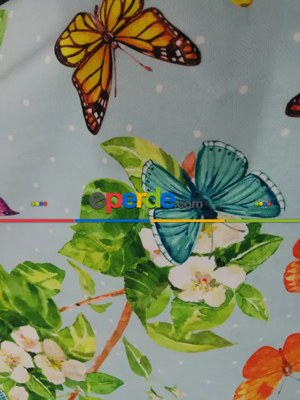 Kelebek Ve Çiçek Desenli Fon Perde Evm830 Kumaşı Kalındır Duck Bezi Değildir- Yeşil-Beyaz-Turuncu- Çok Renkli 3