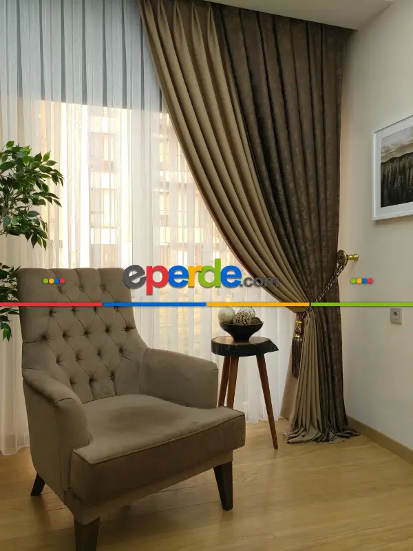 Açık Koyu Kahve Renk Kombinli Desenli Fon Perde- Kahve Koyu-sütlü Kahve