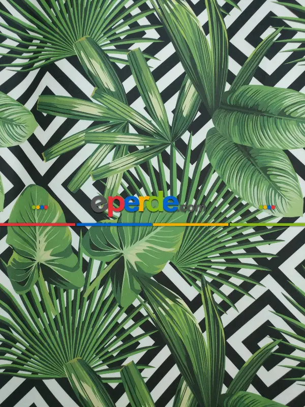 Tropikal Yaprak Desenli Fon Perde - Kumaşı Kalındır Duck Bezi Değildir- Siyah-Yeşil-Beyaz